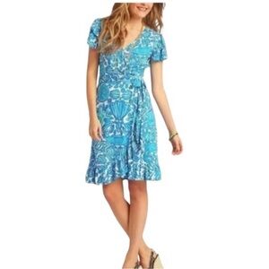 Lilly Pulitzer Adriel Wrap Dress in Shorely Blue print. Size L.